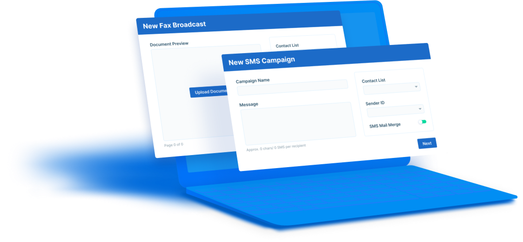 Fax Broadcast and SMS Campaign interfaces with a laptop in the background